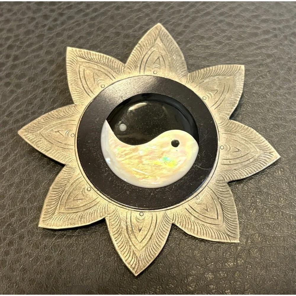 HUGE Yin Yang Symbol Black White MOP Etched Lotus Flower Ethnic Boho Pin Brooch
